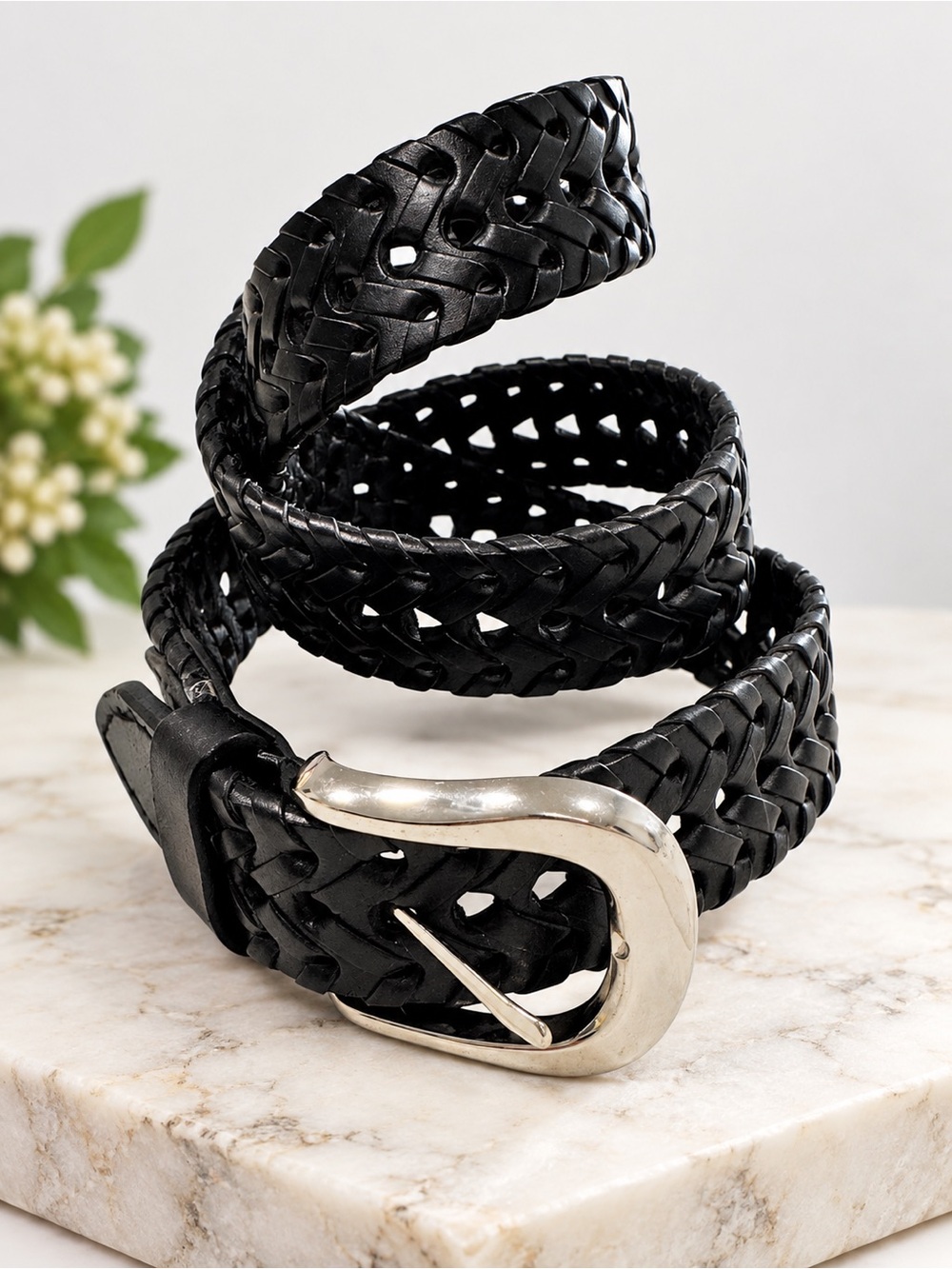 Vintage Black Genuine Leather Woven Braided Belt Silver Buckle Small Unisex